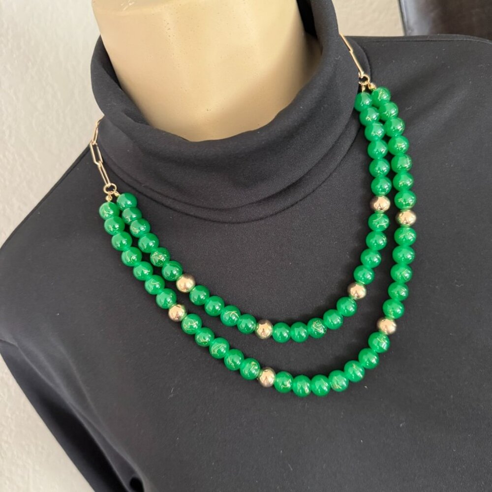 #3 garden party jewelry / 22" long necklace gold metal and green glass bead